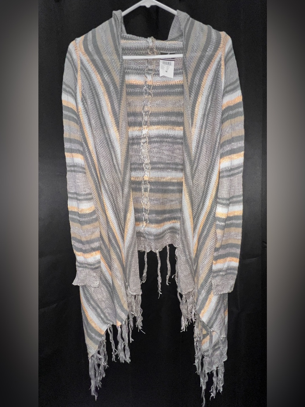 Rue 21 Striped Open-Front Hooded Fringe Cardigan in Tan Peach Gray White NWT